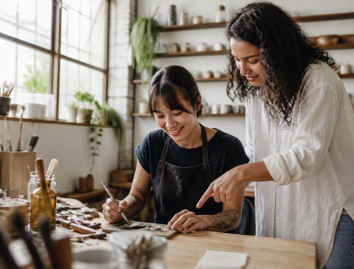 An entrepreneur receiving hands-on guidance from a mentor in a real craft studio workspace.